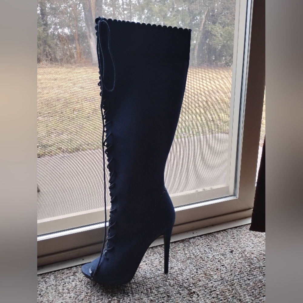 Denim Knee-High Lace-Up Boots By Shoe dazzle